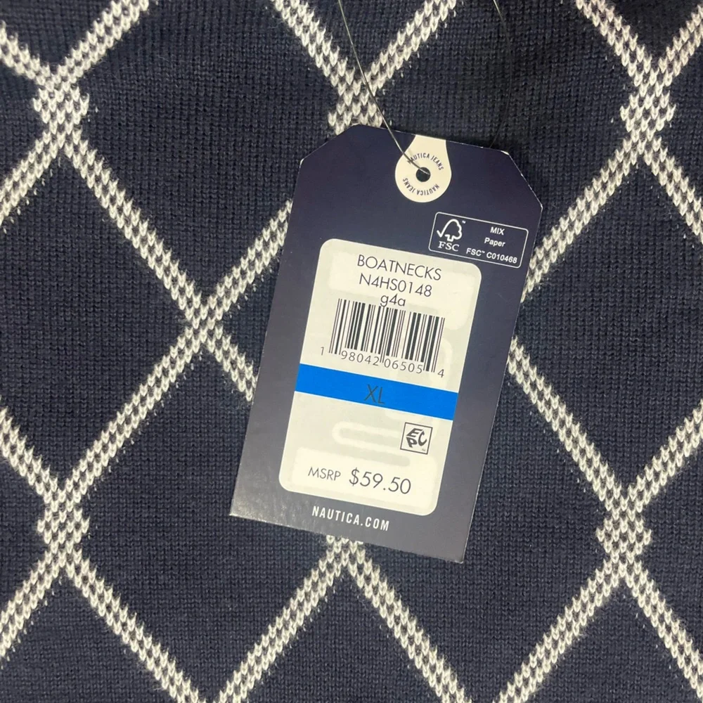Nautica Jeans Women’s “Intarsia” Navy Blue Knit Boatneck Sweater NWT (O)